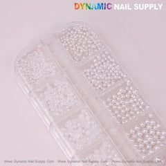 12 grid White Pearl Beads Nail Charms Mixed Sizes Round Flatback Stones DIY Designs