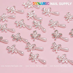 20 pcs Silver (Ribbon) Bow shape Dangle Charms with pearl for Nails Designer