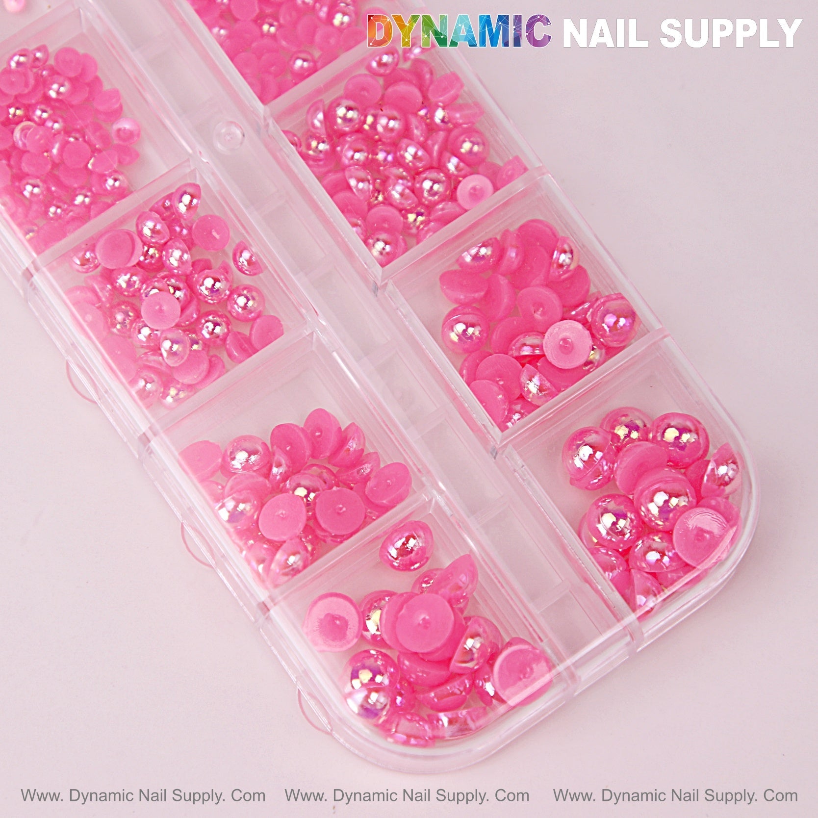 12 grid Hot Pink Pearl Beads Nail Charms Mixed Sizes Round Flatback Stones DIY Designs