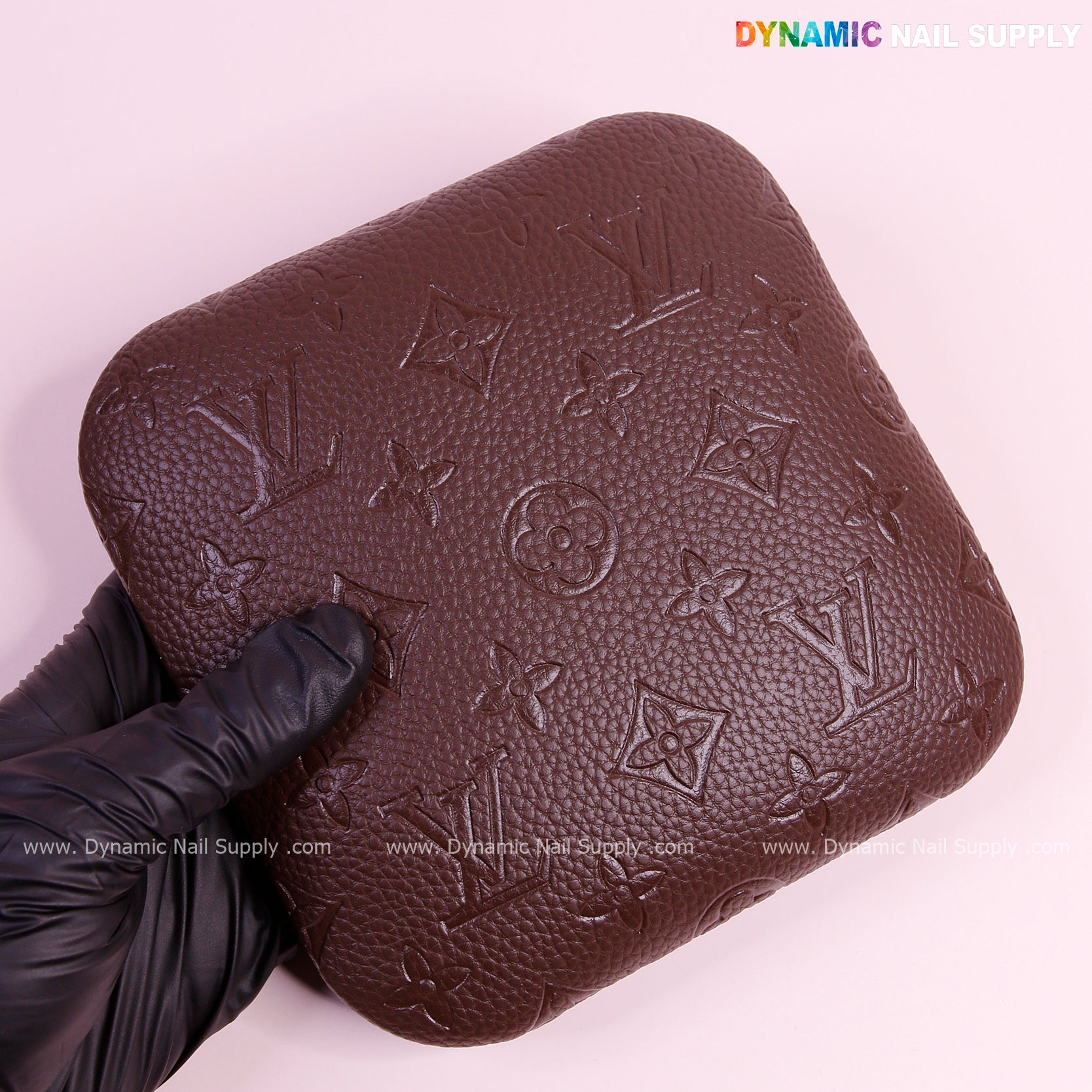 (Dark Brown LV Engraved - grain) Elbow Rest Pad for Nail Tech : PU Leather, Built for Long Hours Usage