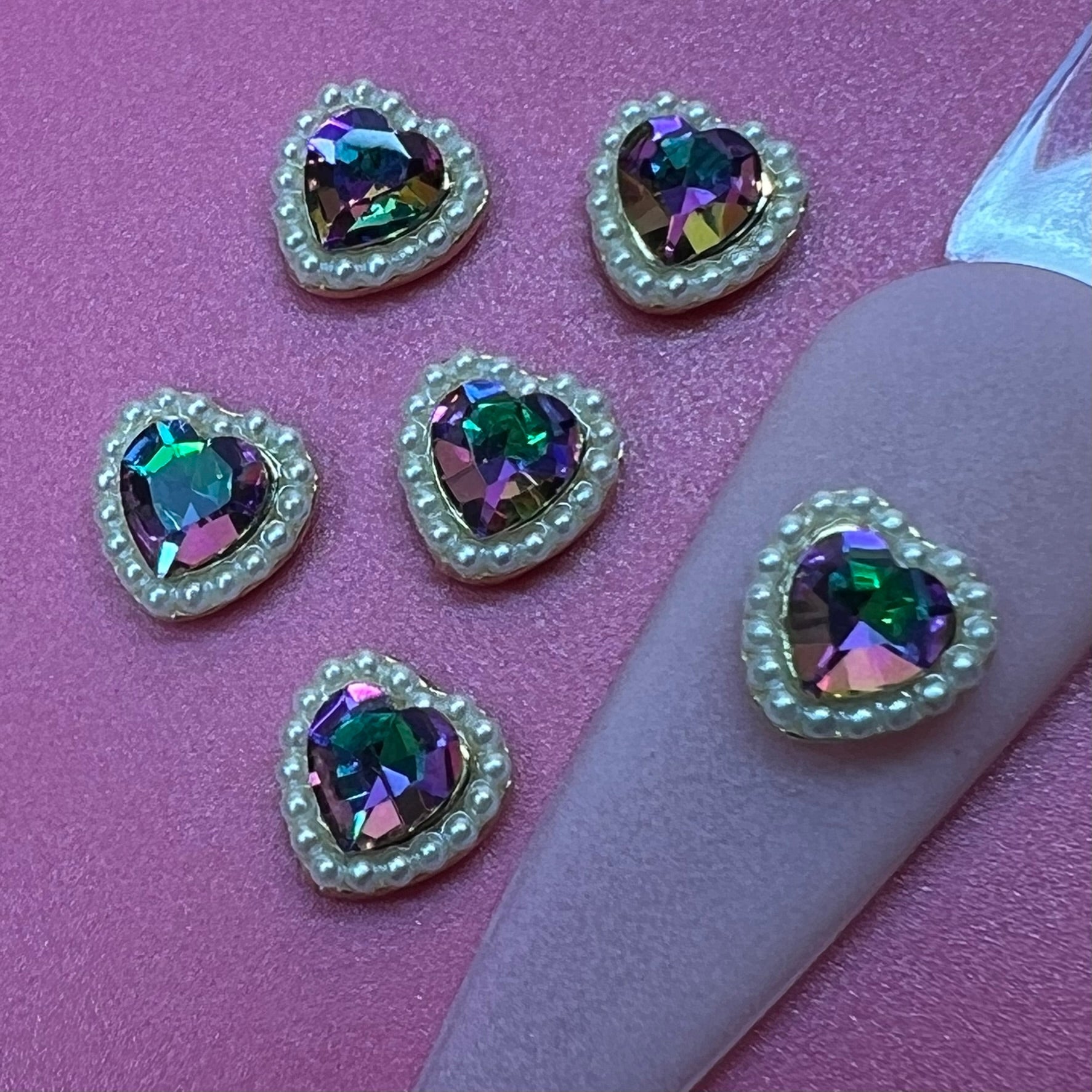 6 pcs Purple Heart shape Charm for Nails Art Design (Pearls Engraved)