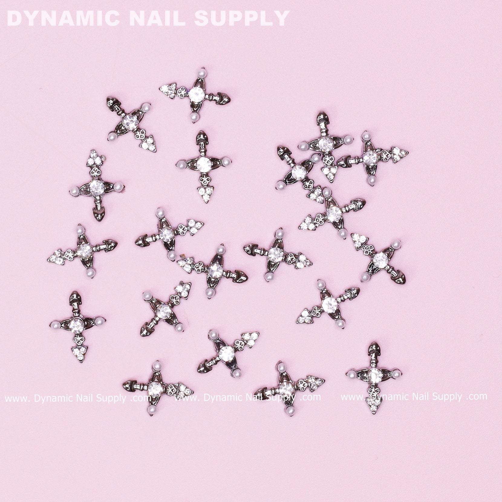 20 pcs Silver Crosses Charms (with Pearls) for Nails Art Design (Antique Chrome Heart Charm)