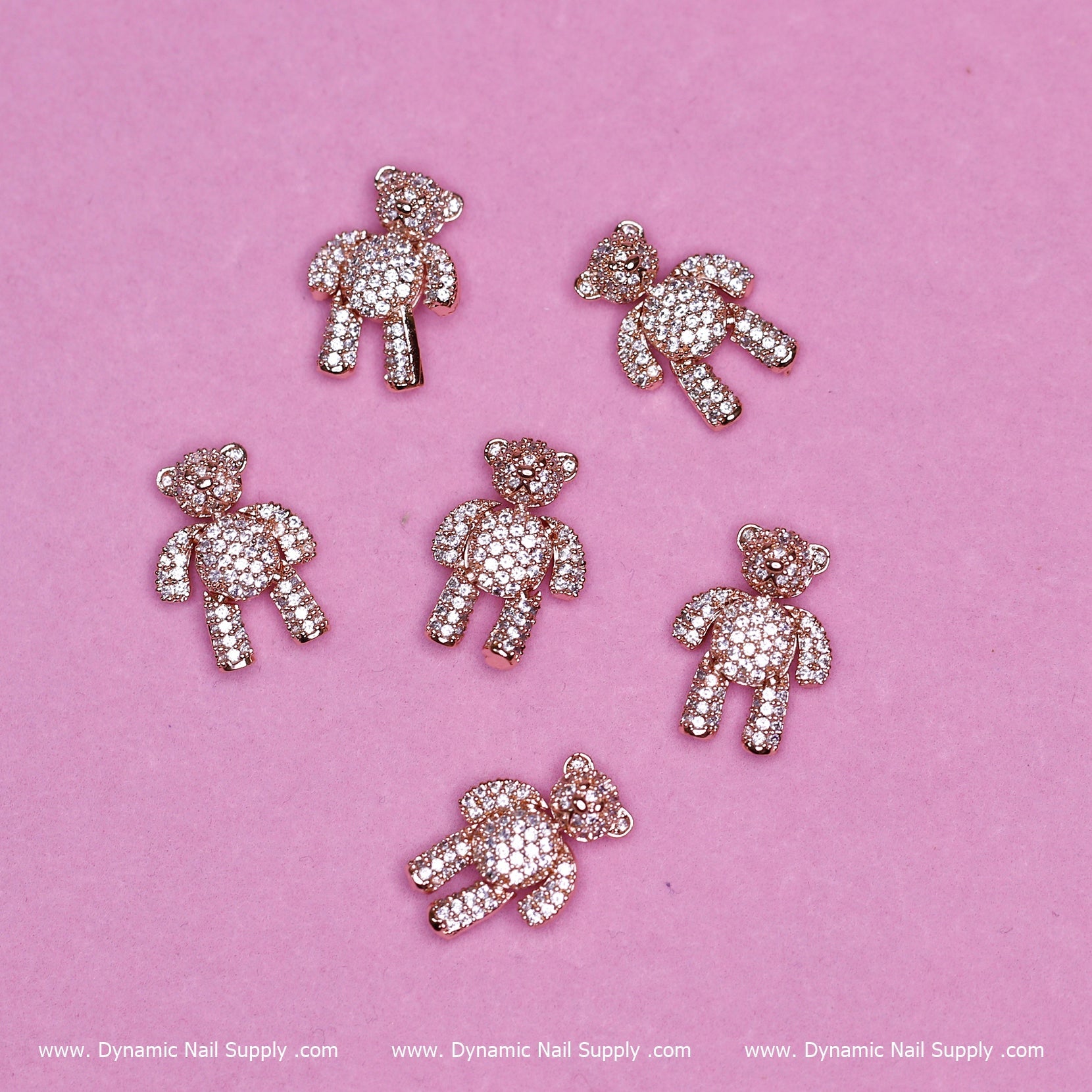 (Rose Gold) 6 pcs Movable Teddy Bear Charm with Rhinestones Engraved