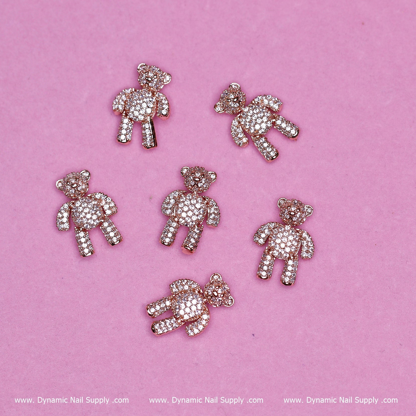 (Rose Gold) 6 pcs Movable Teddy Bear Charm with Rhinestones Engraved