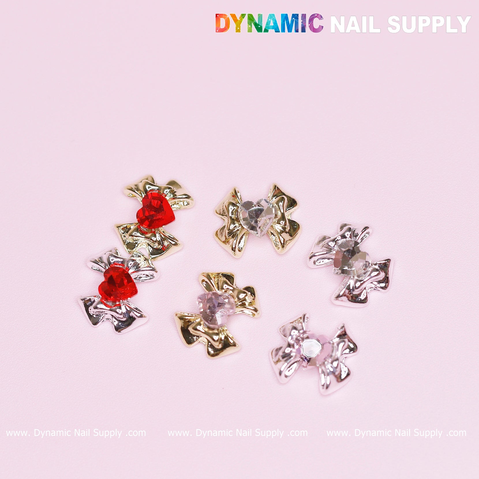 12 pcs Luxury 3D Bow Charms engraved Heart Rhinestones for Valentines Nail Designs