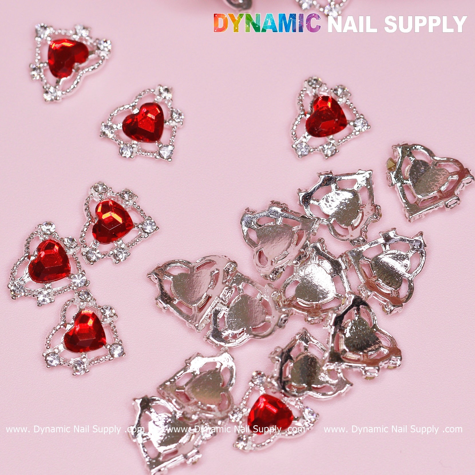 20 pcs 3D Heart rhinestone Charm for Nails Art Design (Red stones + Silver claws base)