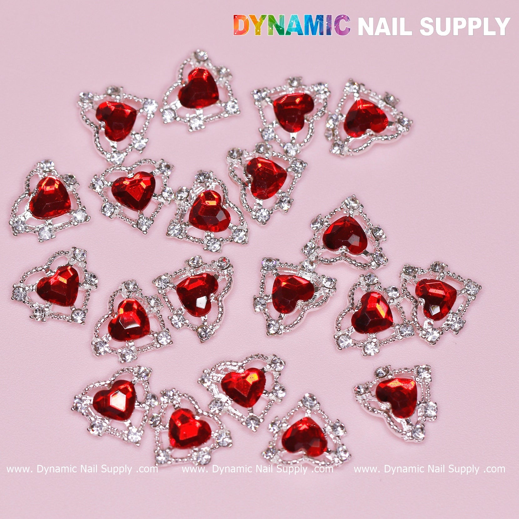 20 pcs 3D Heart rhinestone Charm for Nails Art Design (Red stones + Silver claws base)