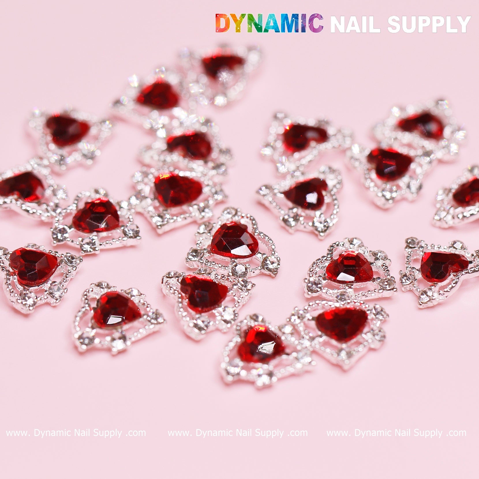 20 pcs 3D Heart rhinestone Charm for Nails Art Design (Red stones + Silver claws base)