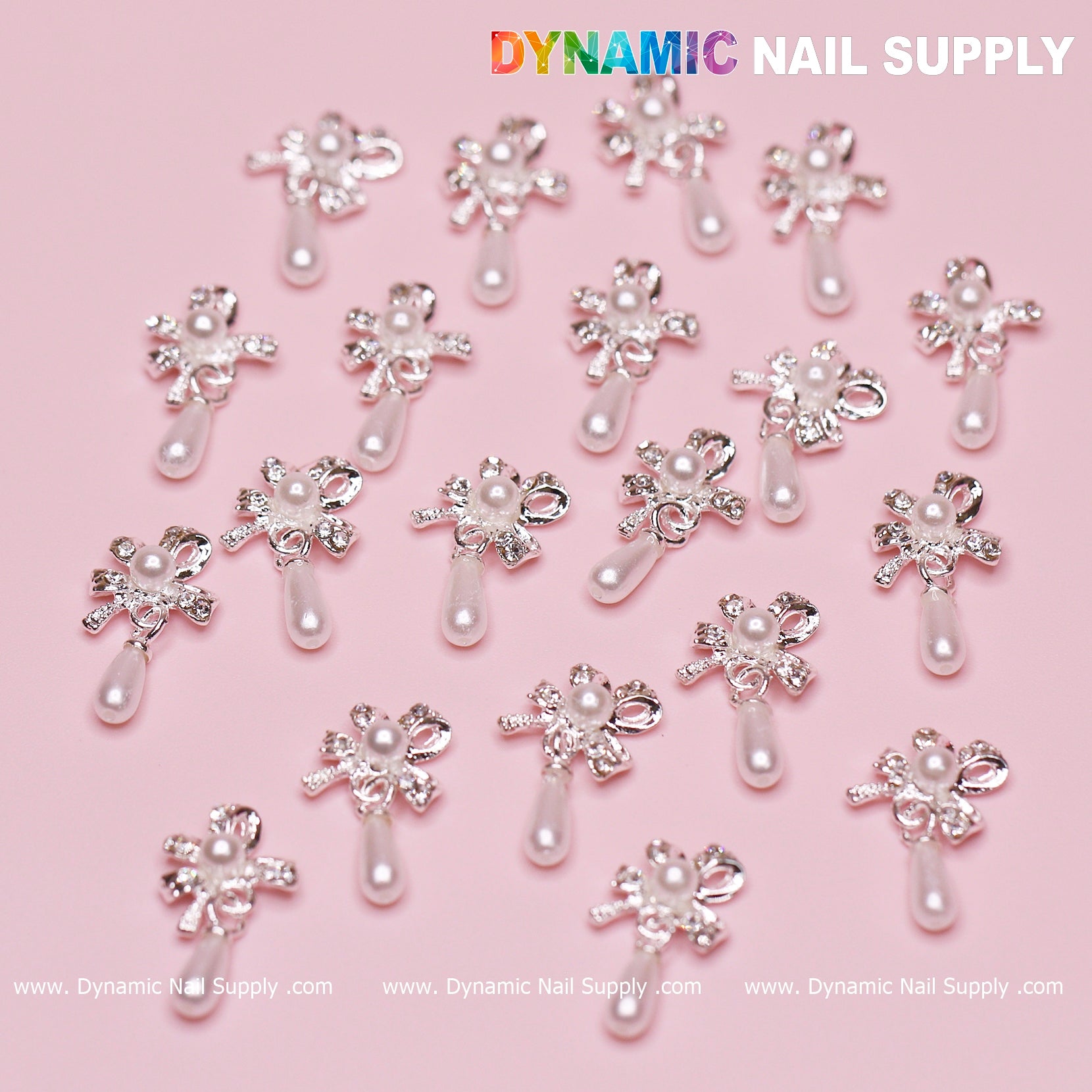 20 pcs Silver (Ribbon) Bow shape Dangle Charms with pearl for Nails Designer
