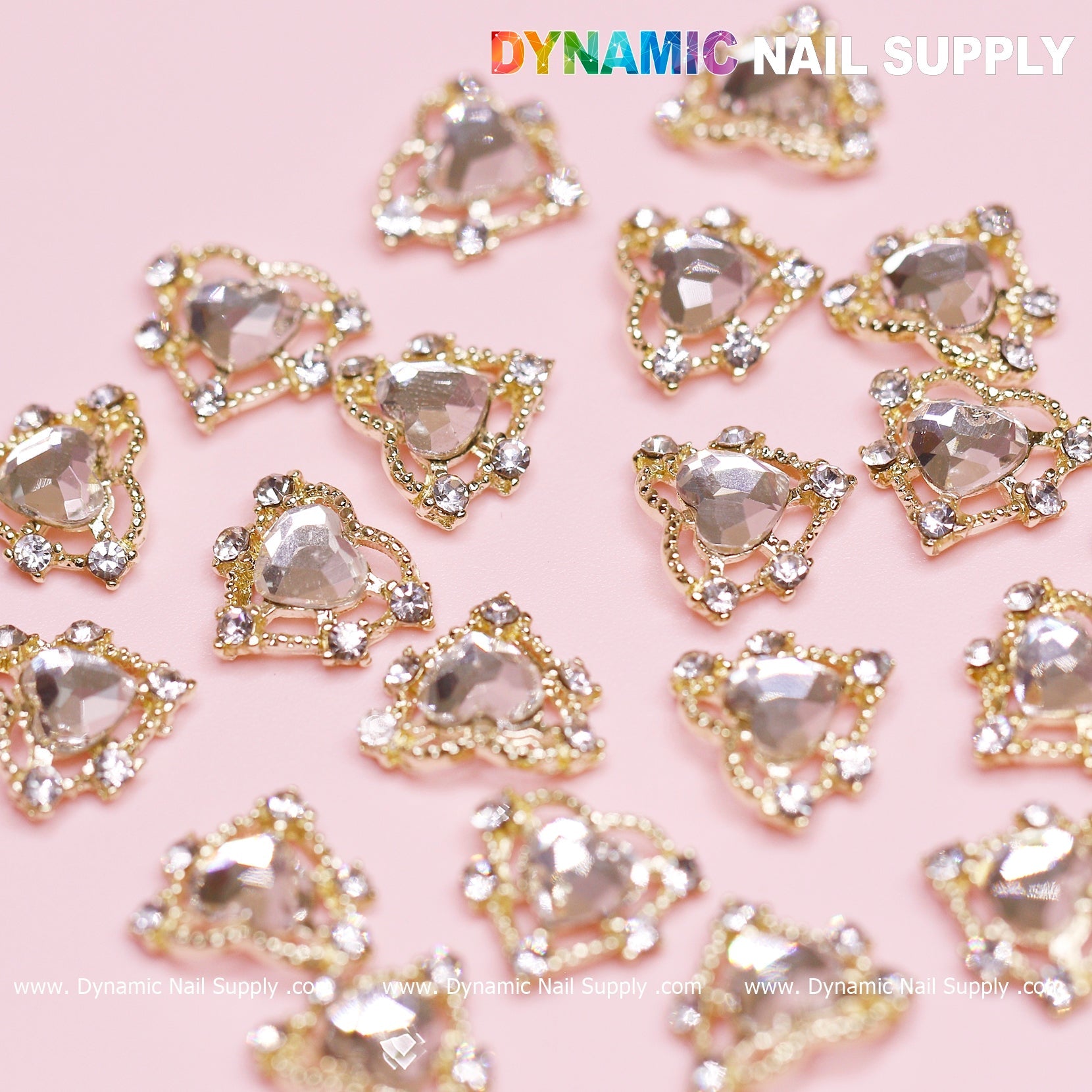 20 pcs Luxury Heart Charm for Valentine Nails Design (Rhinestones Border Edge, Gold)