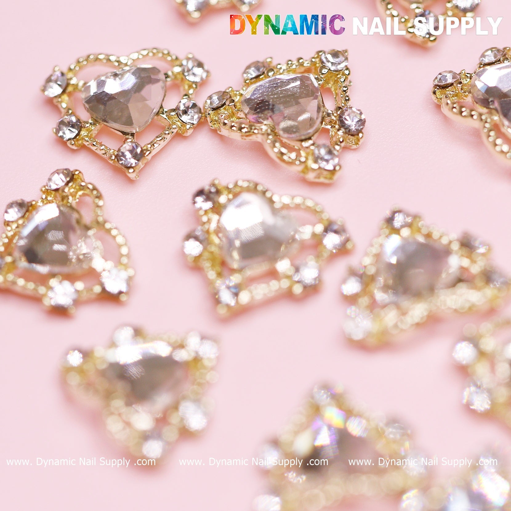 20 pcs Luxury Heart Charm for Valentine Nails Design (Rhinestones Border Edge, Gold)