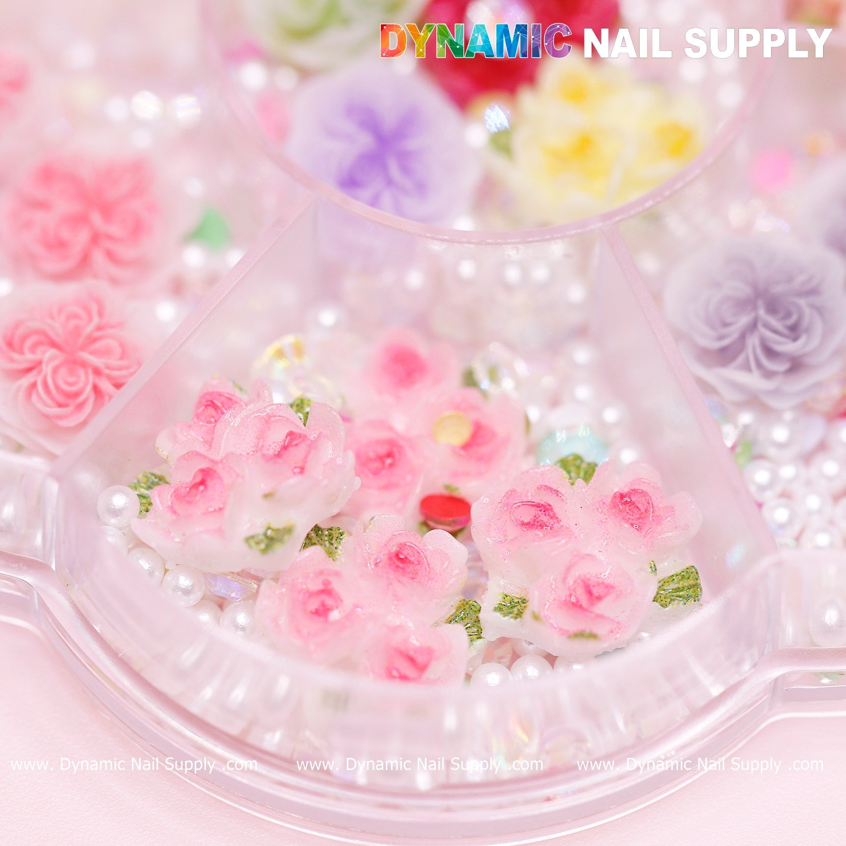 40 pcs White and Pink 3D 5D Rose Flower Charm with pearls Accessories for Valentine Nails Art Design