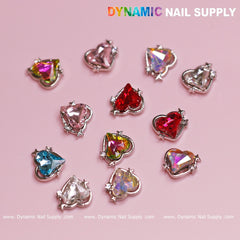 12 pcs Heart Charm (Multi-Colors - Silver Edge) for Valentine Nails Design (Heart Rhinestones center)