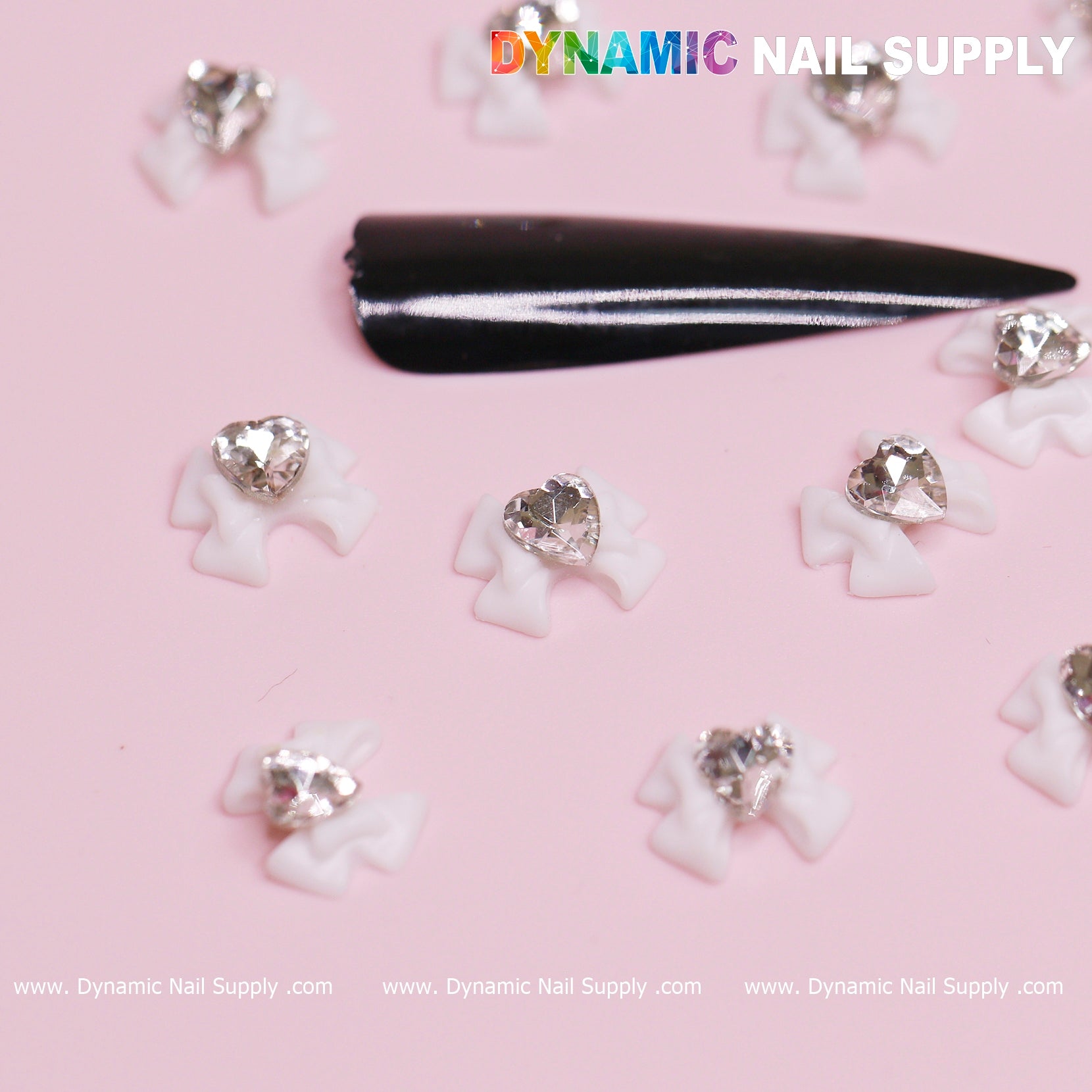 20 pcs Luxury White Bow Charms Engraved With Crystal Clear Heart For Valentines Nail Designs