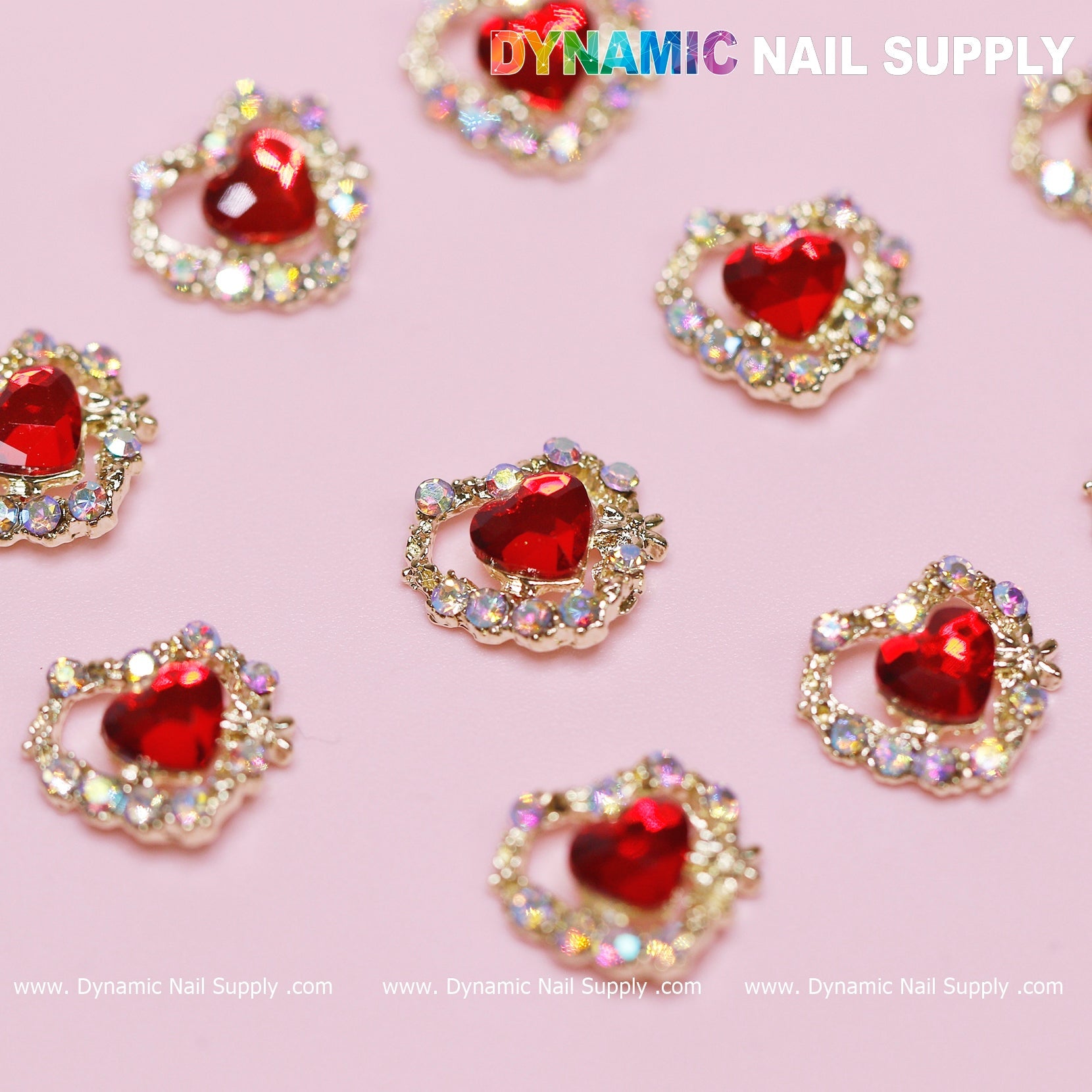 10 pcs 3D Red Ruby Heart rhinestone Charm for Nails Art Design (Red stones + Golden claws base)