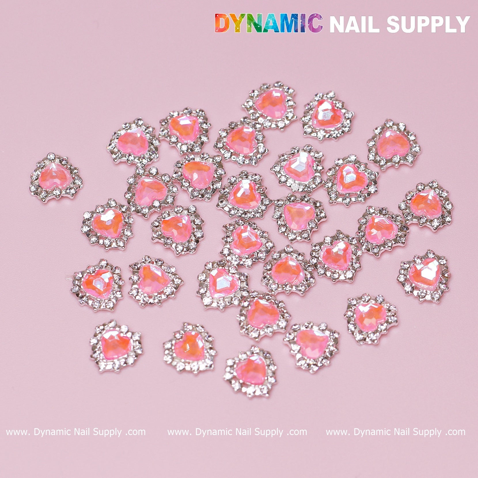 30 pcs 3D Pink Ruby Heart Rhinestone Charm for Nails Art Design (Pink stones + Silver claws base)