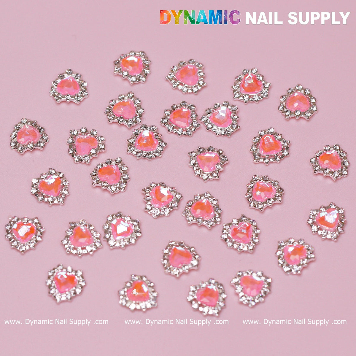 30 pcs 3D Pink Ruby Heart Rhinestone Charm for Nails Art Design (Pink stones + Silver claws base)