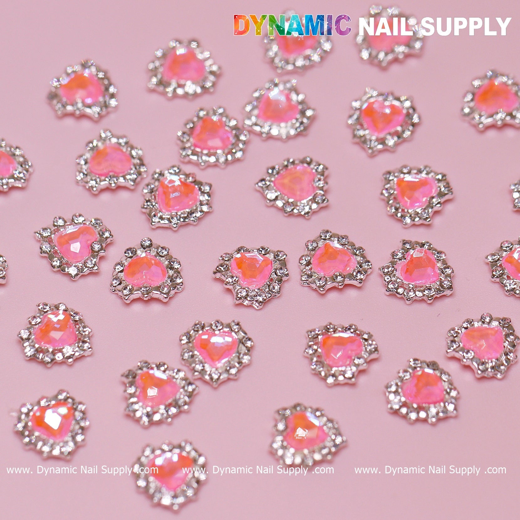 30 pcs 3D Pink Ruby Heart Rhinestone Charm for Nails Art Design (Pink stones + Silver claws base)