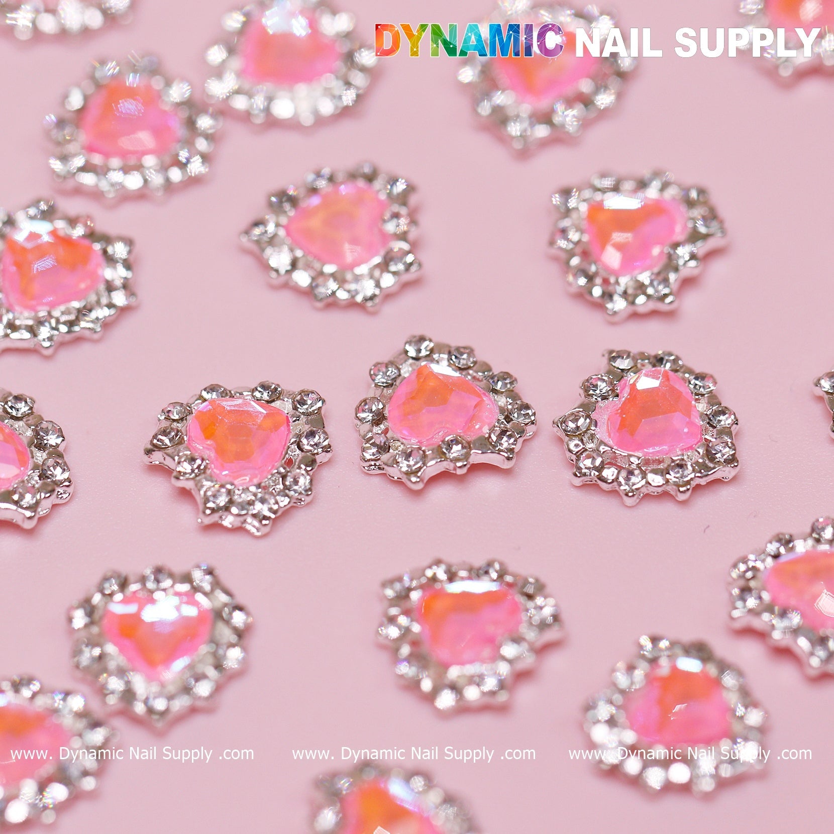 30 pcs 3D Pink Ruby Heart Rhinestone Charm for Nails Art Design (Pink stones + Silver claws base)