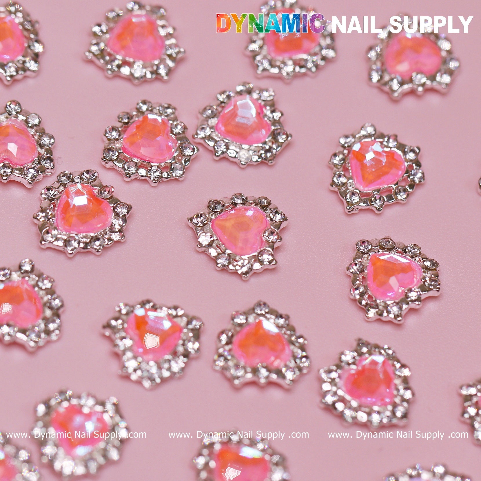 30 pcs 3D Pink Ruby Heart Rhinestone Charm for Nails Art Design (Pink stones + Silver claws base)