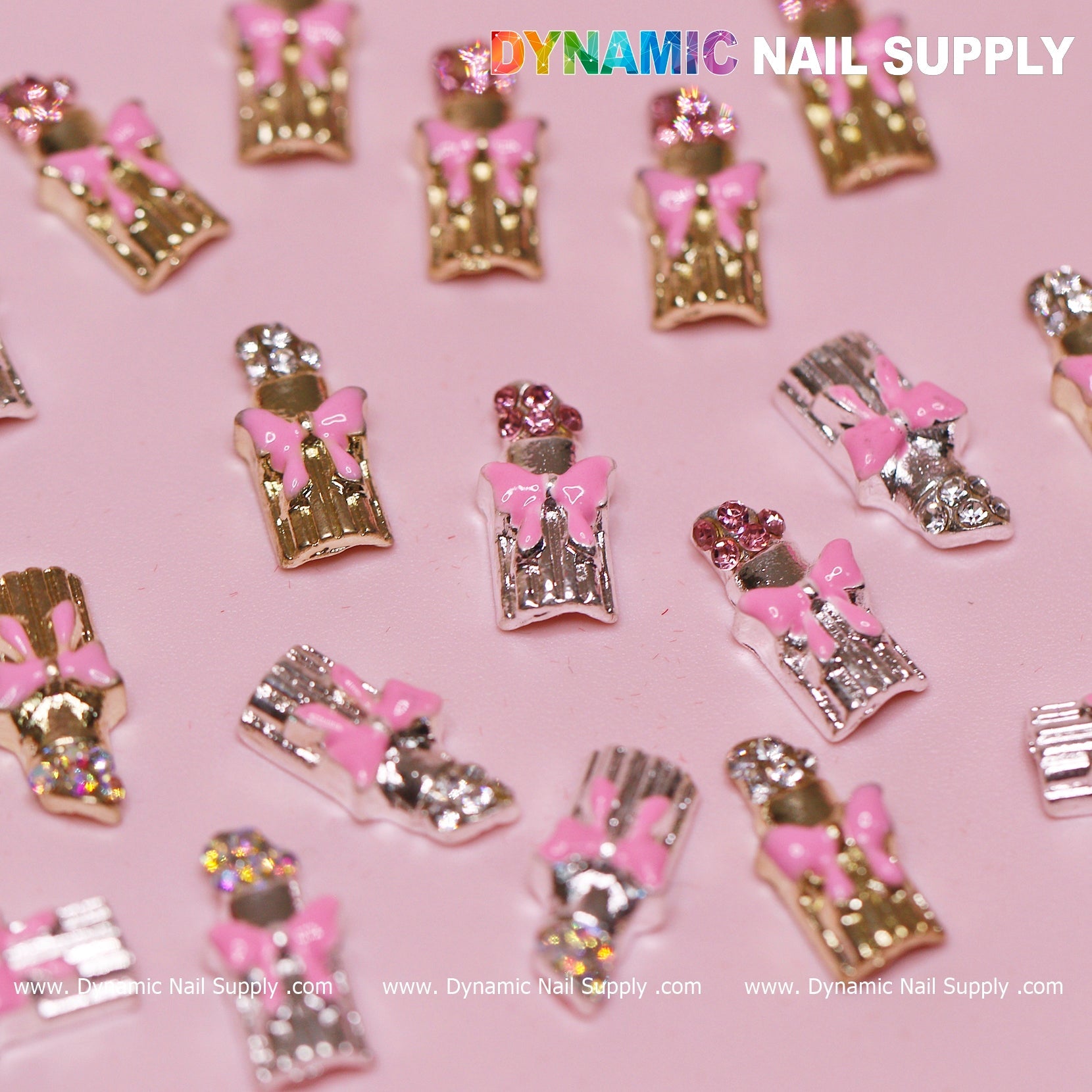 20 pcs Lipstick Charms with Pink Bows for Valentines Nail Art Design