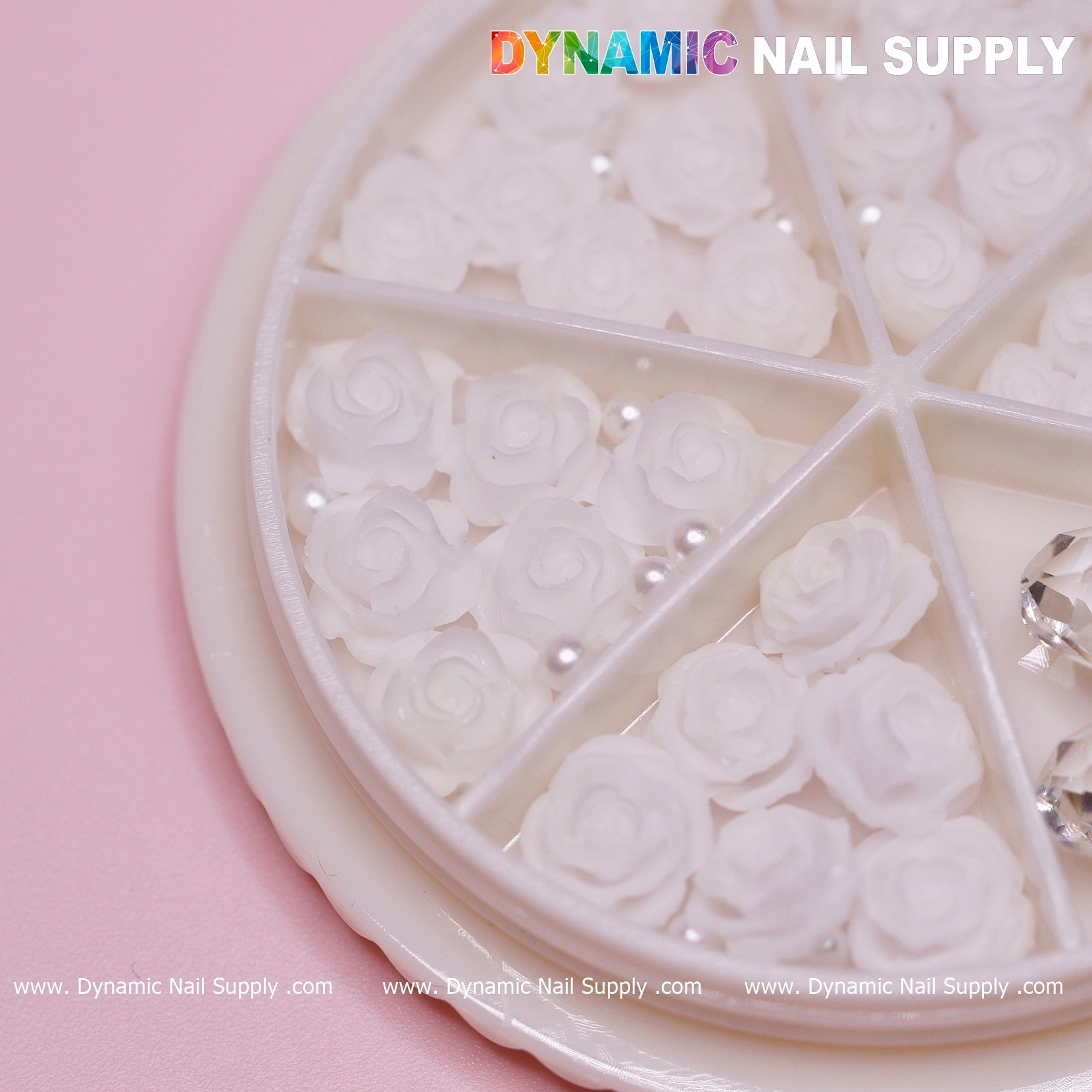 40 pcs White 3D Roses Flower Charm with pearls and stones Accessories for Nails Art Design