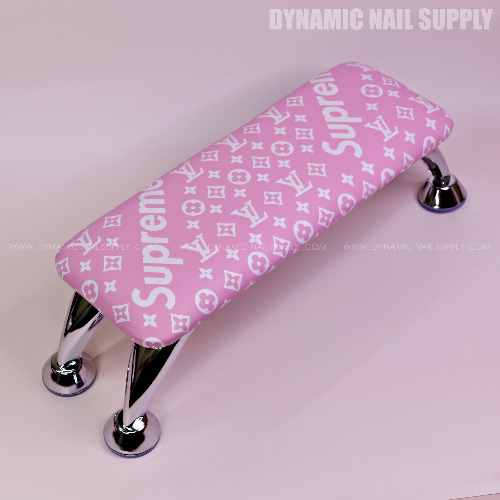 (RA054 - White Spreme/LV Pattern - Pink Base) Handrest for Nail Table Manicure Services (Reposabrazos Para Manicura)