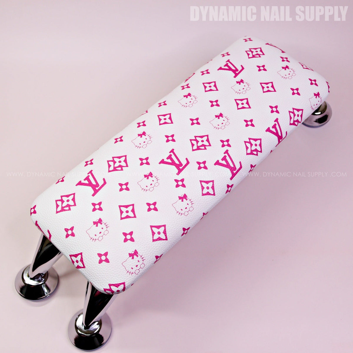 (HLA028 - Cute Pink LV/Kitty Pattern - Leather White Base) Handrest for Nail Table Pedicure Services (Reposabrazos Para Manicura)