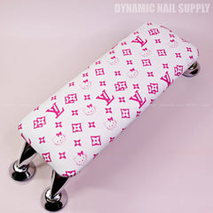 (HLA028 - Cute Pink LV/Kitty Pattern - Leather White Base) Handrest for Nail Table Pedicure Services (Reposabrazos Para Manicura)