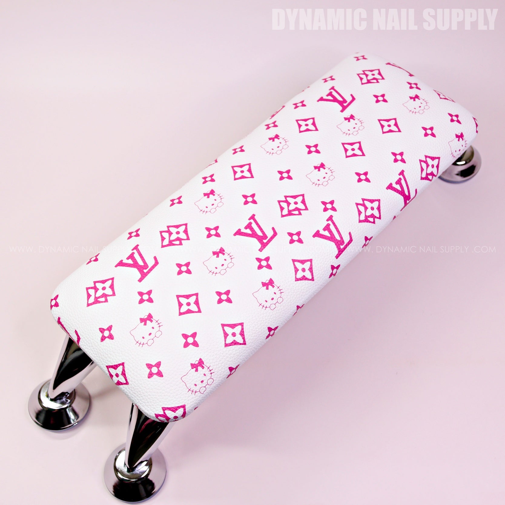 (HLA028 - Cute Pink LV/Kitty Pattern - Leather White Base) Handrest for Nail Table Pedicure Services (Reposabrazos Para Manicura)